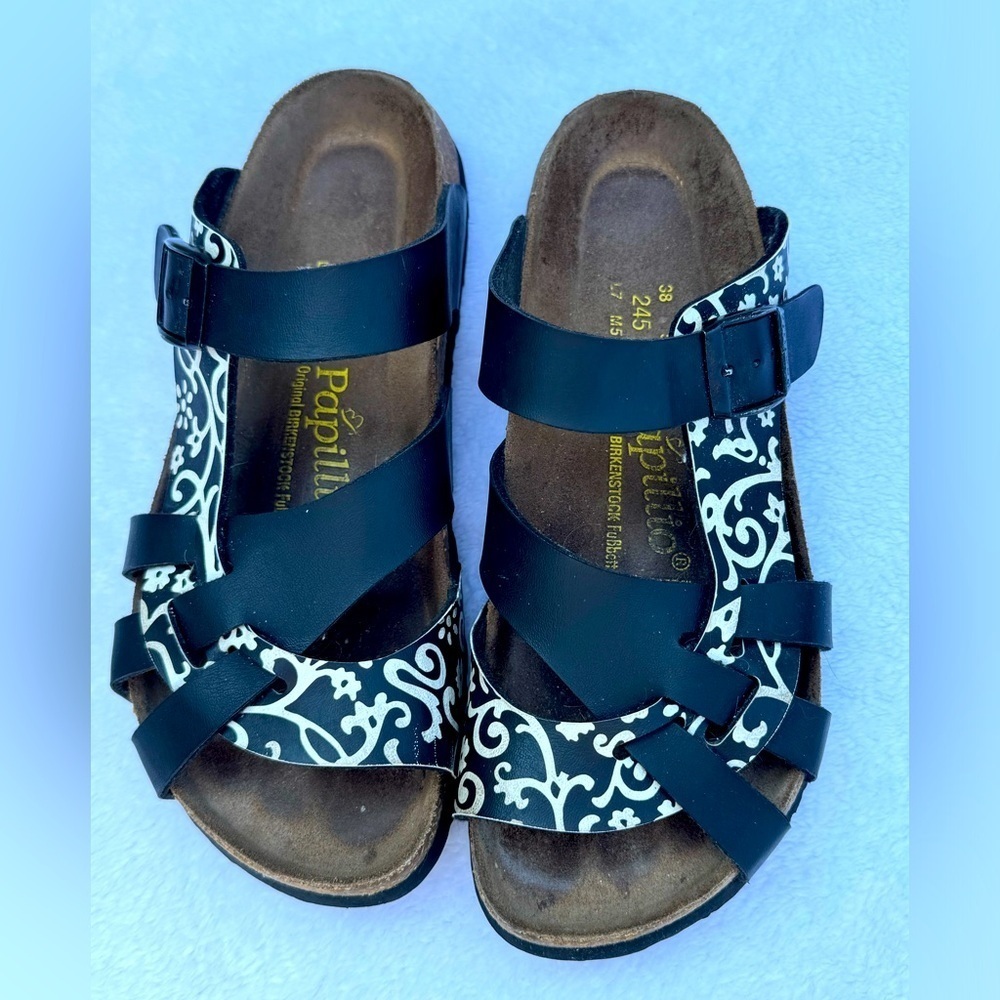 BIRKENSTOCK PAPILLIO PISA DD TENDRIL black and white strappy sandals 38 245 sz 7